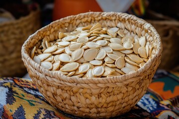 Pumpkin Seeds Displayed in a Handcrafted Native American Basket: A Celebration of Healthy Eating and Woven Tradition