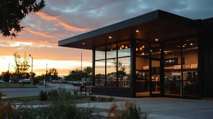 Coffee shop franchise expansion at dusk