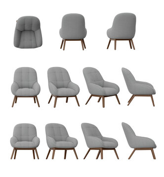 Grey Armchair from different angle isolated on transparent background, 3d rendered illustration