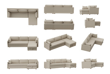 Light Corner 3-seat Sofa from different angle isolated on transparent background, 3d rendered illustration