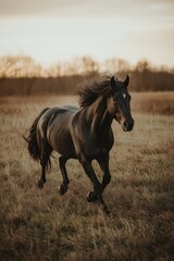 Obraz premium A black horse runs freely through a lush green grassy field