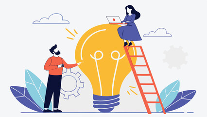 Teamwork and collaboration in business innovation, as professionals assemble a giant lightbulb puzzle, symbolizing creativity, problem-solving, strategy, and startup success 