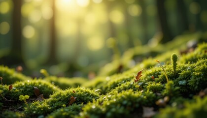 Serene forest floor with sunlit moss and emerging ferns