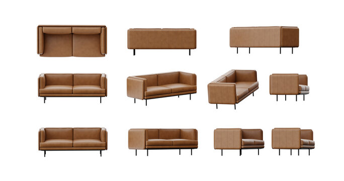 Leather Sofa from different angle isolated on transparent background, 3d rendered illustration