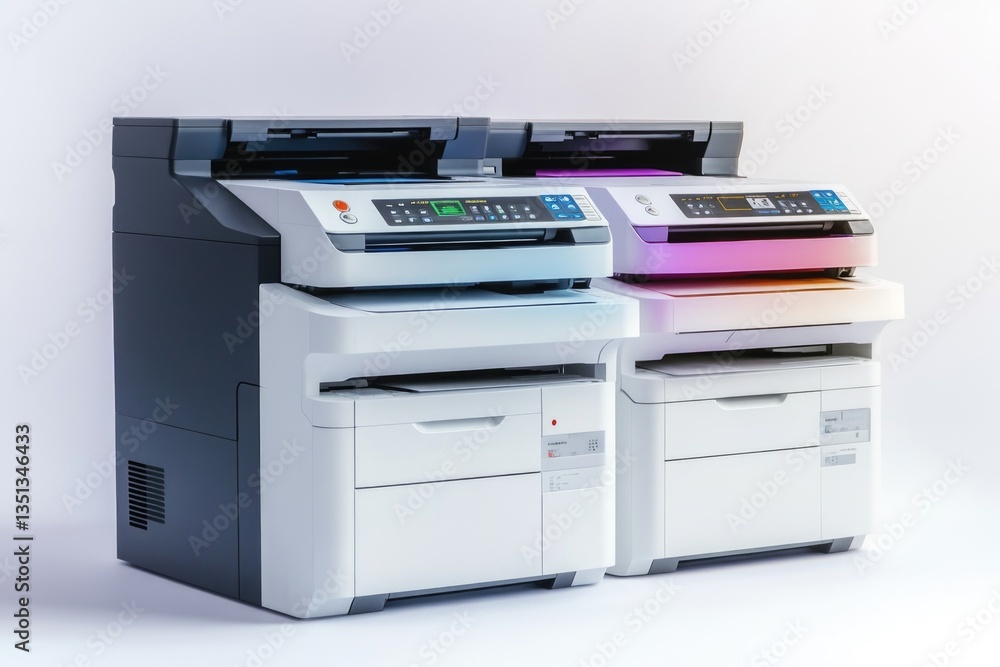 Poster Multiple printers arranged side by side in an office setting, possibly for efficient printing or easy access