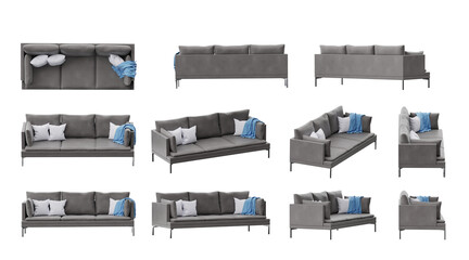Grey Sofa with pillows and blanket from different angle isolated on transparent background, 3d rendered illustration