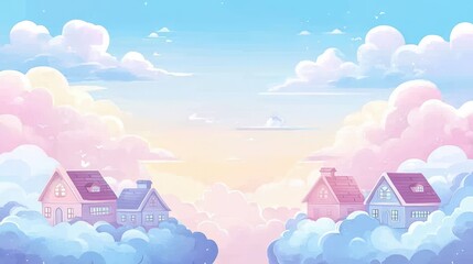 Pastel colored houses reside amongst beautiful puffy clouds in the sky
