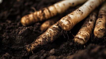 A close-up view of a bunch of carrots growing in the dirt, perfect for gardening or farming themes