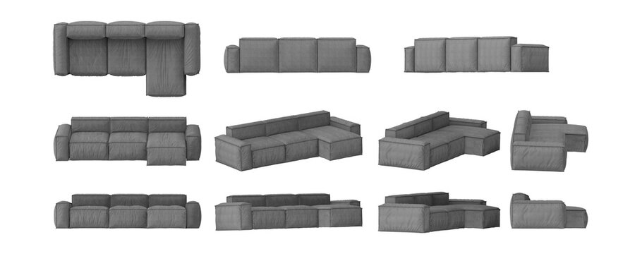 Grey Corner Sofa from different angle isolated on transparent background, 3d rendered illustration