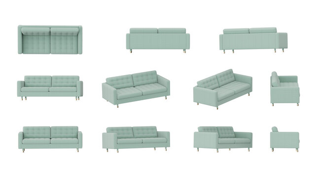 Green Sofa from different angle isolated on transparent background, 3d rendered illustration