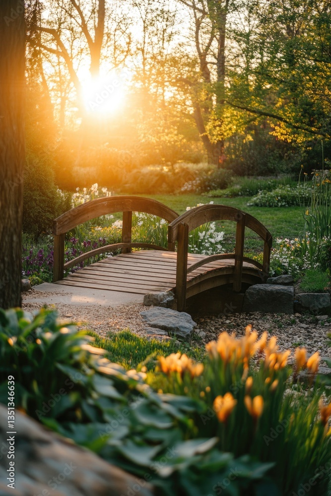 Poster a tranquil scene featuring a wooden bridge spanning a small pond in a peaceful park setting, suitabl
