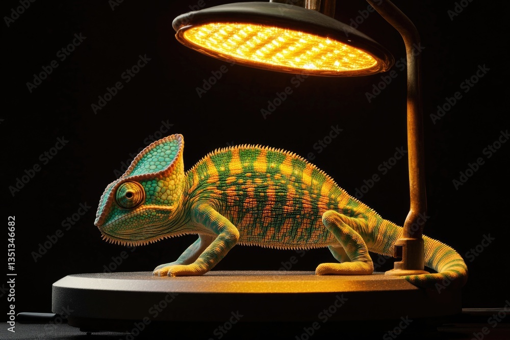 Poster a chameleon perched on a table beside a lamp, a calm and serene scene