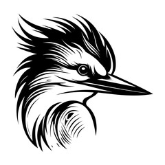Detailed black and white illustration of a kingfisher head, perfect for graphic design and artistic projects.