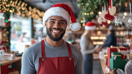 Happy African American Male Shopkeeper Wearing Santa Hat in Christmas Shop