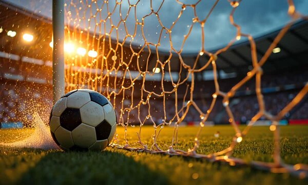 Dramatic Soccer Goal with a Ball in the Net Under Stadium Lights	