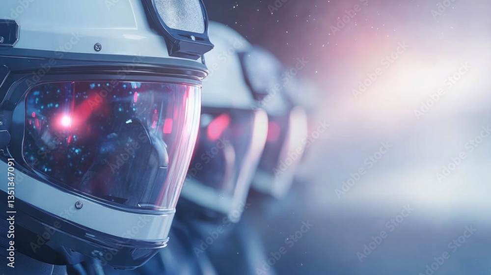 Poster close-up of row of firefighter helmets neatly lined up on rack their visors reflecting soft ambient 