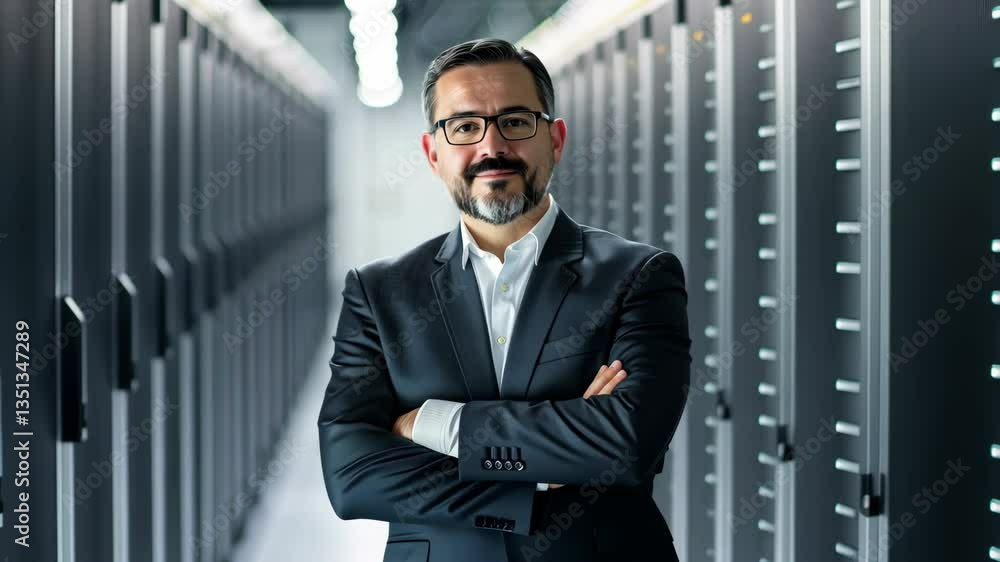 Poster a confident professional in a sharp business suit stands in a hightech data center, highlighting the