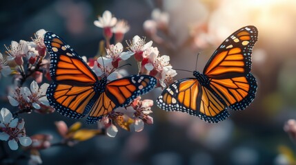 Butterflies captured mid-flight in a vibrant field filled with pink, yellow, and white blossoms.