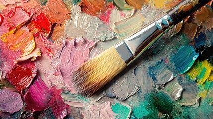 Fototapeta premium Single Paintbrush on a Gray Palette