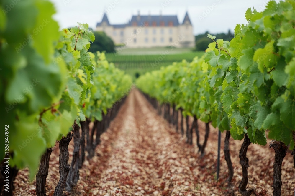 Poster A scenic view of vines growing in a field with a medieval-style castle in the background