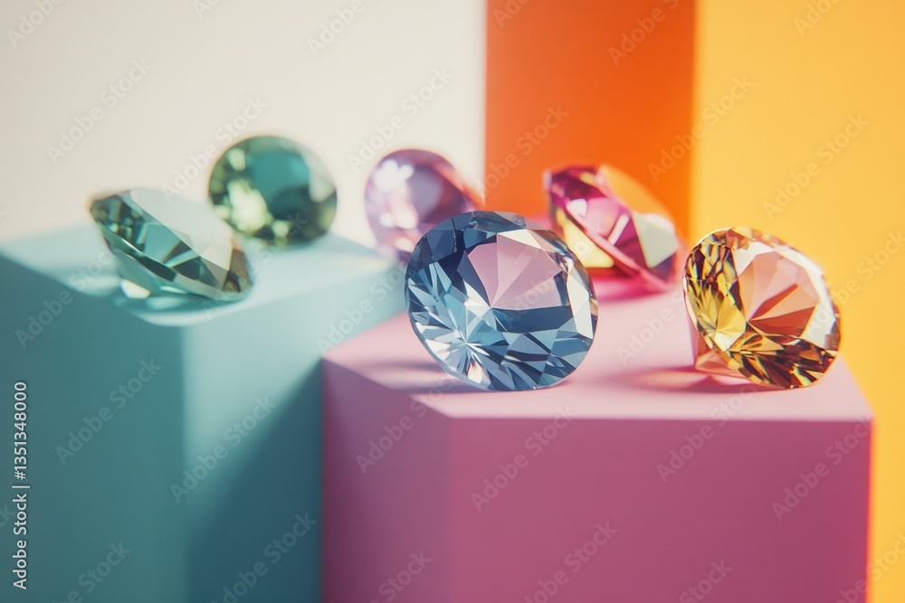 Poster A collection of colorful diamonds arranged on a table surface