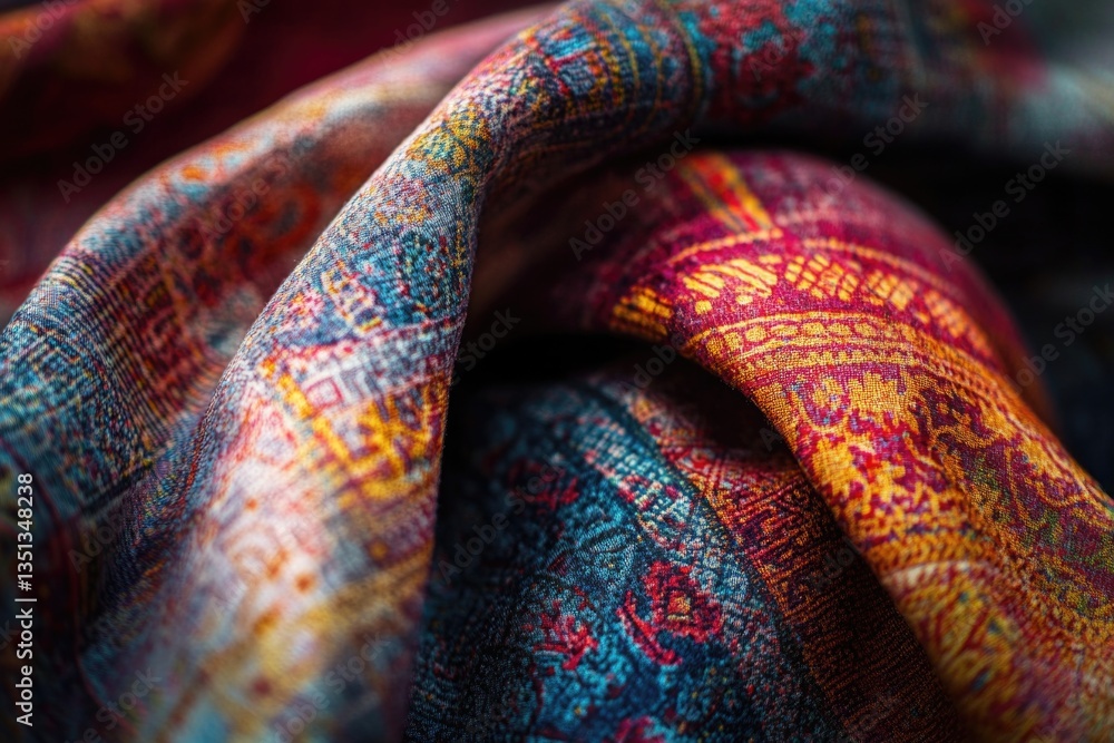 Aufkleber A vibrant scarf with intricate patterns and colors placed on a flat surface, great for use in fashion, lifestyle or still life photography