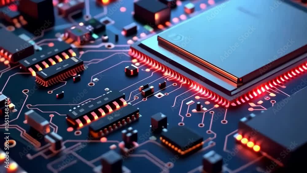 Poster this closeup image of a circuit board highlights its connections, semiconductors, and colorful leds,