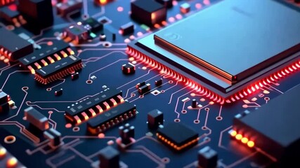 This closeup image of a circuit board highlights its connections, semiconductors, and colorful LEDs, showcasing advancements in technology and AI crucial for modern devices and innovative software