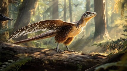 Striking Caudipteryx perched fallen log delicate feathered wings shimmering morning light The prehistoric forest is alive with sounds of distant creatures adding to the mystery of the ancient world