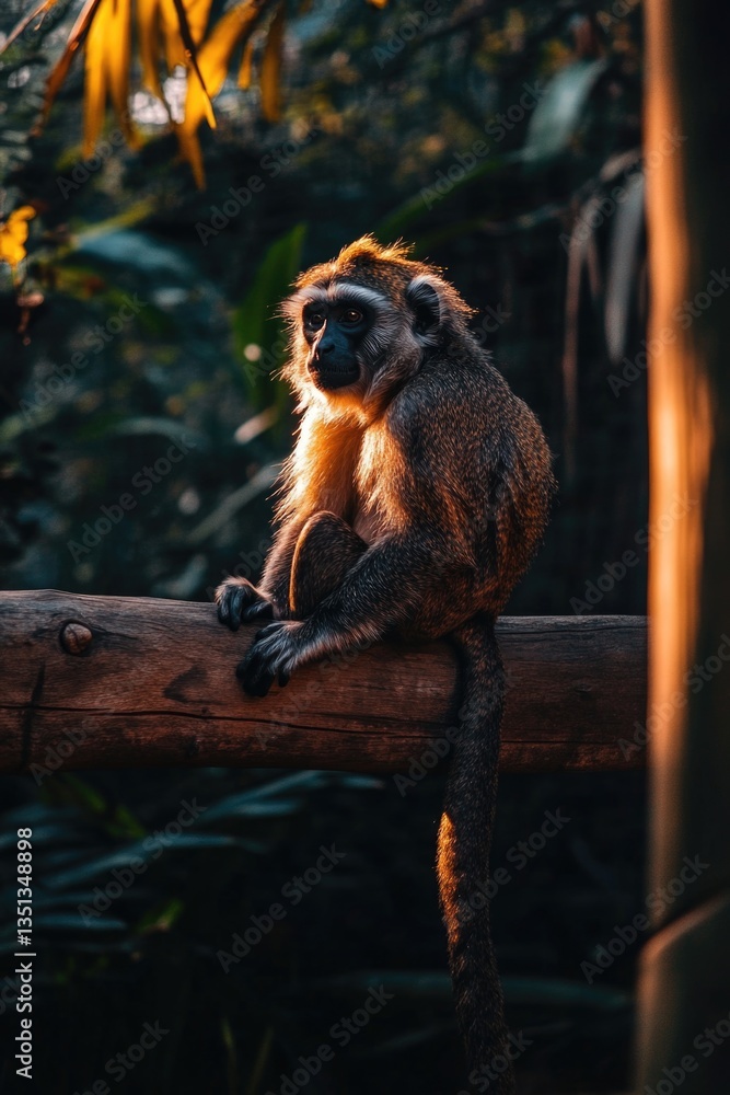 Poster a curious monkey sits on a tree branch, enjoying the view