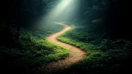 A serene trail curves gently through a lush forest, bathed in soft rays of sunlight from above