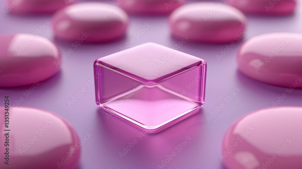 Aufkleber pink glass cube with rounded disks on soft purple background