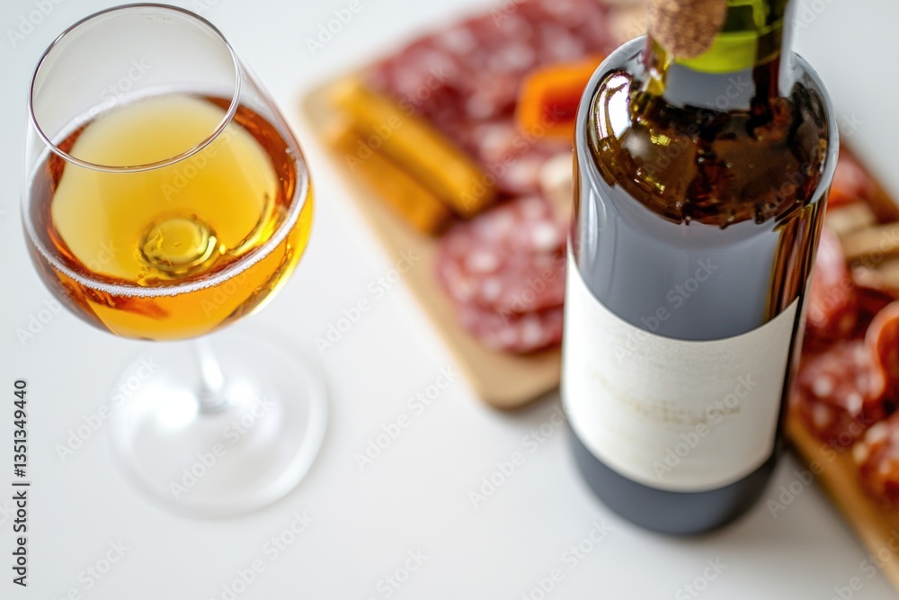 Poster a glass of white wine placed next to an empty wine bottle on a table or counter