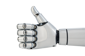 Futuristic robotic hand giving a thumbs up gesture against a transparent background
