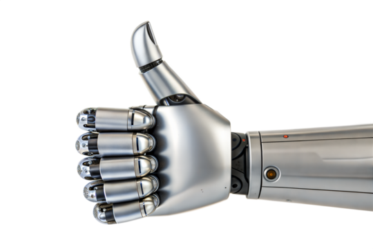 Futuristic robotic hand giving a thumbs up gesture against a transparent background