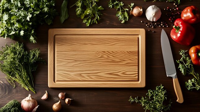 Empty wooden cutting board surrounded by fresh herbs, garlic, onions, and bell peppers, concept for cooking blog, recipe website, food photography, and culinary designs