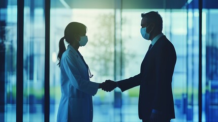 Silhouette of a doctor and businessman shaking hands wearing face masks, modern medical concept for healthcare, business, and pandemic prevention