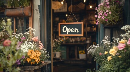 A rustic wooden door adorned with blooming flowers, showcasing a charming 'Open' sign hanging in the doorway, concept for small business advertising and flower shop branding