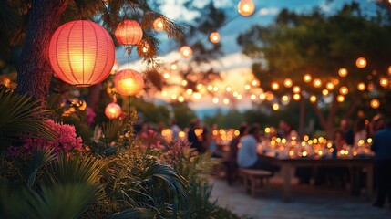 Lanterns glow at an outdoor gathering, setting a festive mood as friends celebrate together at twilight