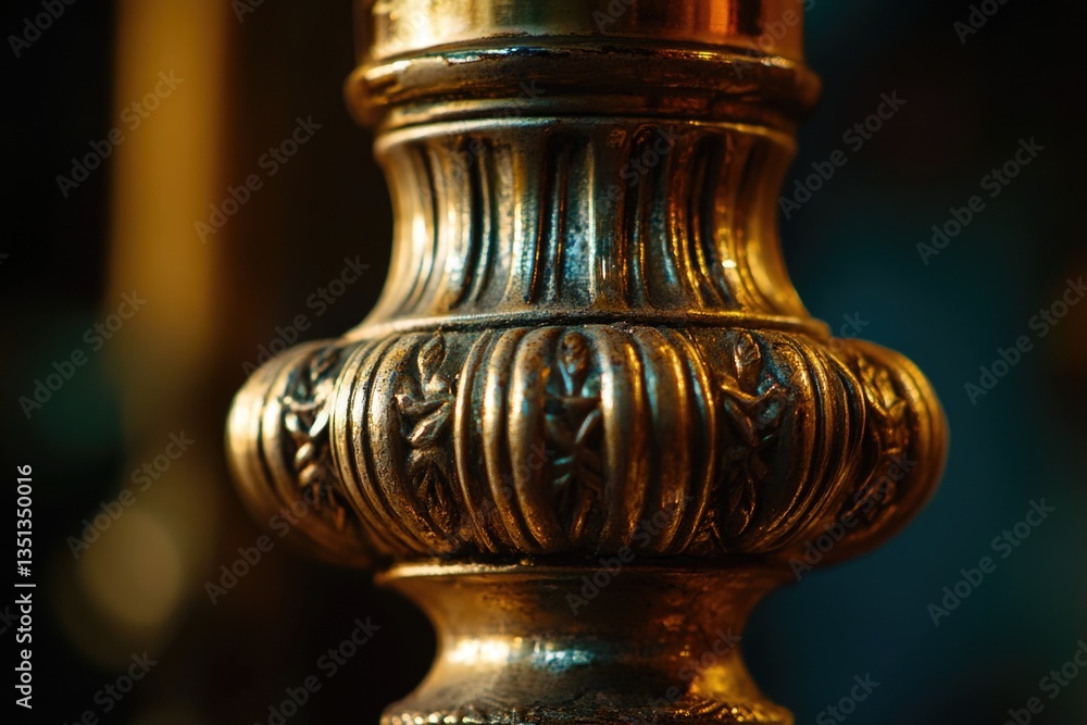 Poster Close-up of a metal vase sitting on a table, perfect for adding texture and elegance to your design