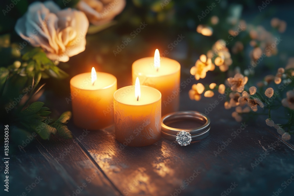 Poster a pair of candles placed on a rustic wooden table, ideal for use in various settings such as restaur