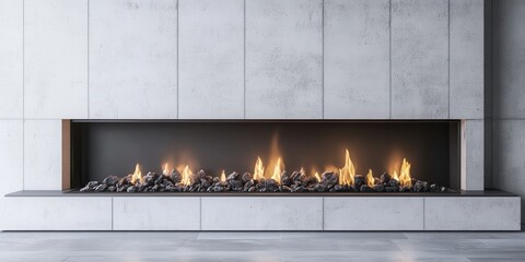Cozy Fireplace: An elegant fireplace with a long, linear design, showcasing flickering flames dancing above dark stones, the subtle details creates a serene ambiance. 