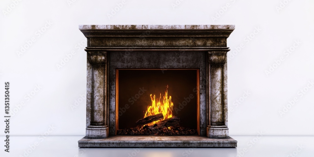 Poster cozy fireplace: a realistic image of an empty fireplace with a fire blazing inside, with old stone b