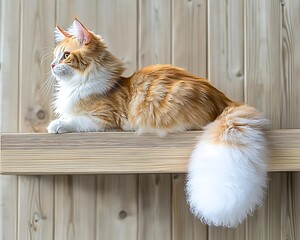 Fluffy Cat on Wooden Shelf.