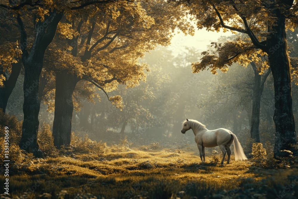 Poster a horse stands alone in a dense forest, surrounded by trees and underbrush