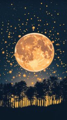 Fototapeta premium A large vibrant moon illuminates a forest under the starry night sky