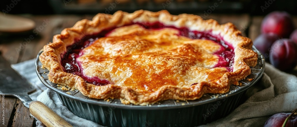 Poster a slice of homemade pie sits atop a rustic wooden table, perfect for serving at home or in a café