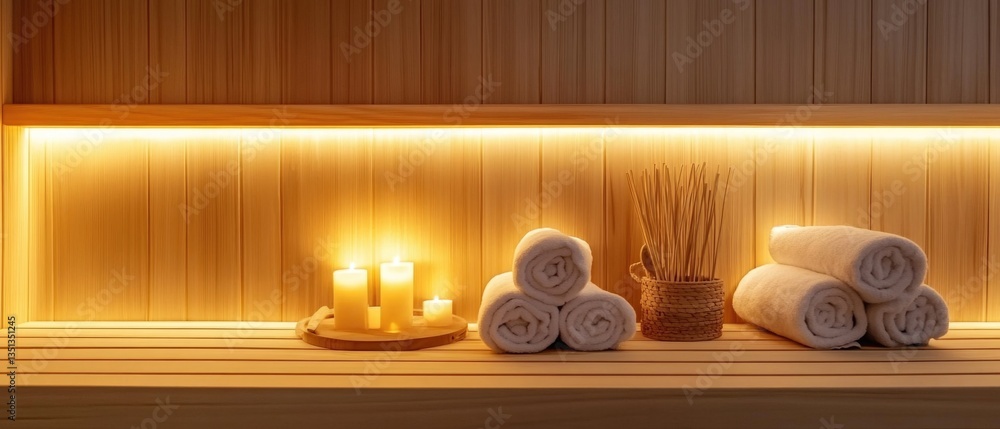 Poster Simple still life scene with towels and candles on a shelf