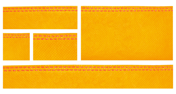 Set of Yellow Spunbond Non-Woven Fabric Rectangles with Stitched Edge, Isolated on Transparent Background