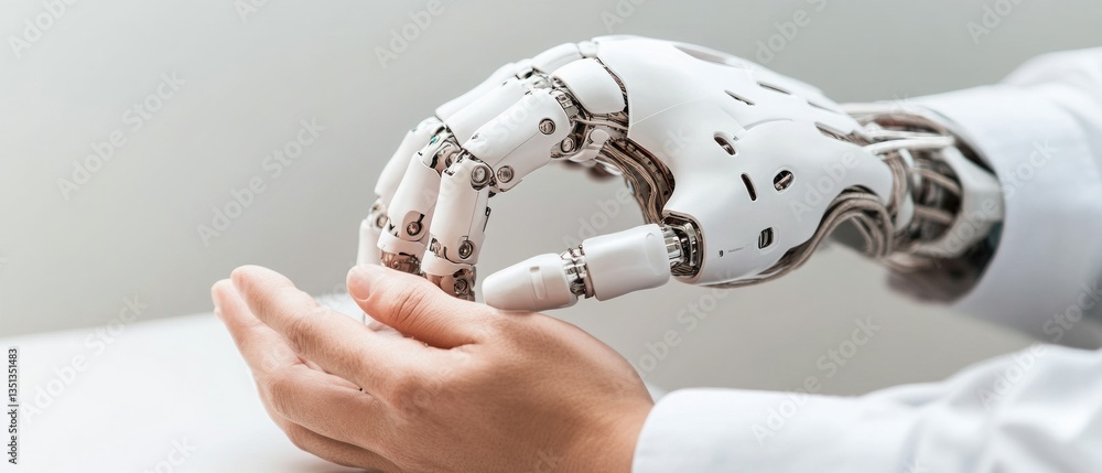 Poster exploring human-robot interaction through a robotic hand reaching toward a human hand in a modern in